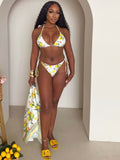 Alt Tag: Limonata String Bikini lemon print adjustable tie string bikini set with matching cover-up, summer swimwear