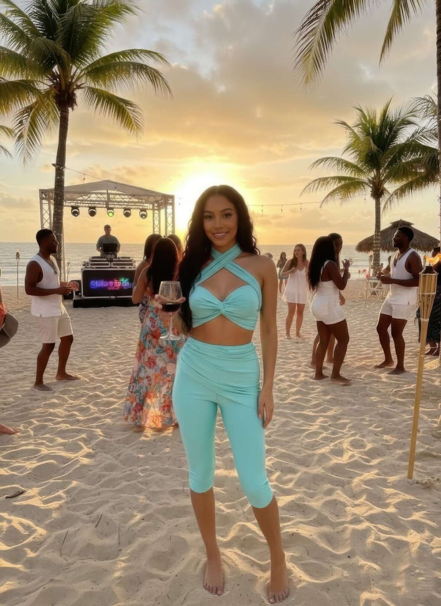 Crisscross Halter Two Piece Set in aqua with twist-front halter top and fitted leggings at a beach party at sunset