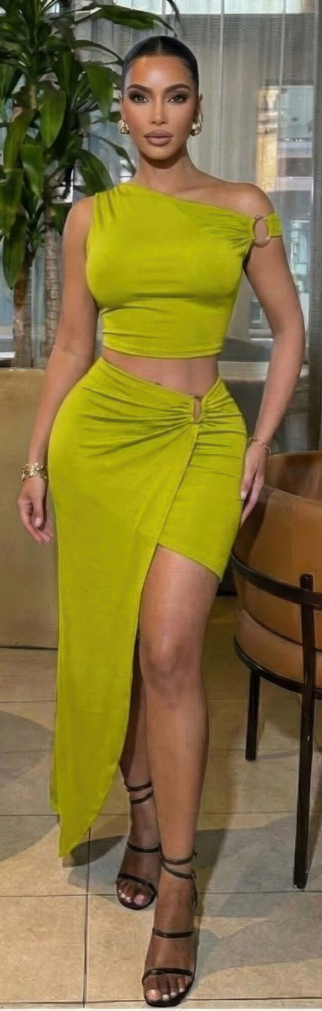 One Shoulder Crop Top & Maxi Skirt Set in lime green with gold ring detail, high-waisted maxi skirt and thigh slit