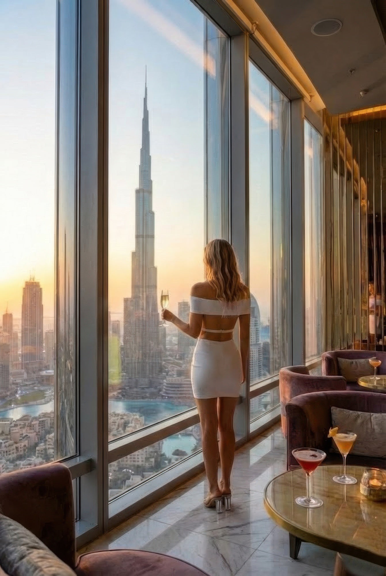 Off Shoulder Open Back Bodycon Mini Dress on woman in white, open-back mini silhouette by floor-to-ceiling windows with skyline view