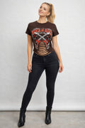 Alt Tag: Rock N Roll World Tour Distressed Laser Cut Graphic Tee on model, black women’s tee with distressed laser-cut front and rock graphic