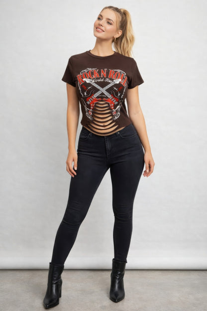Alt Tag: Rock N Roll World Tour Distressed Laser Cut Graphic Tee on model, black women’s tee with distressed laser-cut front and rock graphic