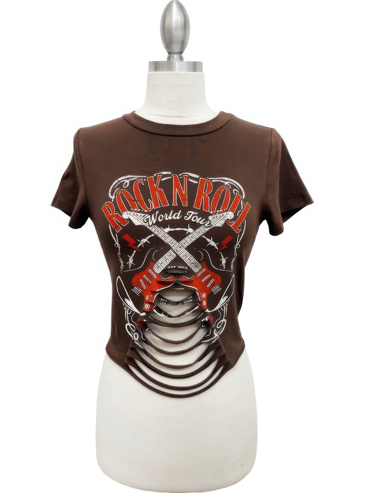Alt Tag: Rock N Roll World Tour Distressed Laser Cut Graphic Tee women’s brown tee with guitar graphic, screen print and distressed laser-cut front