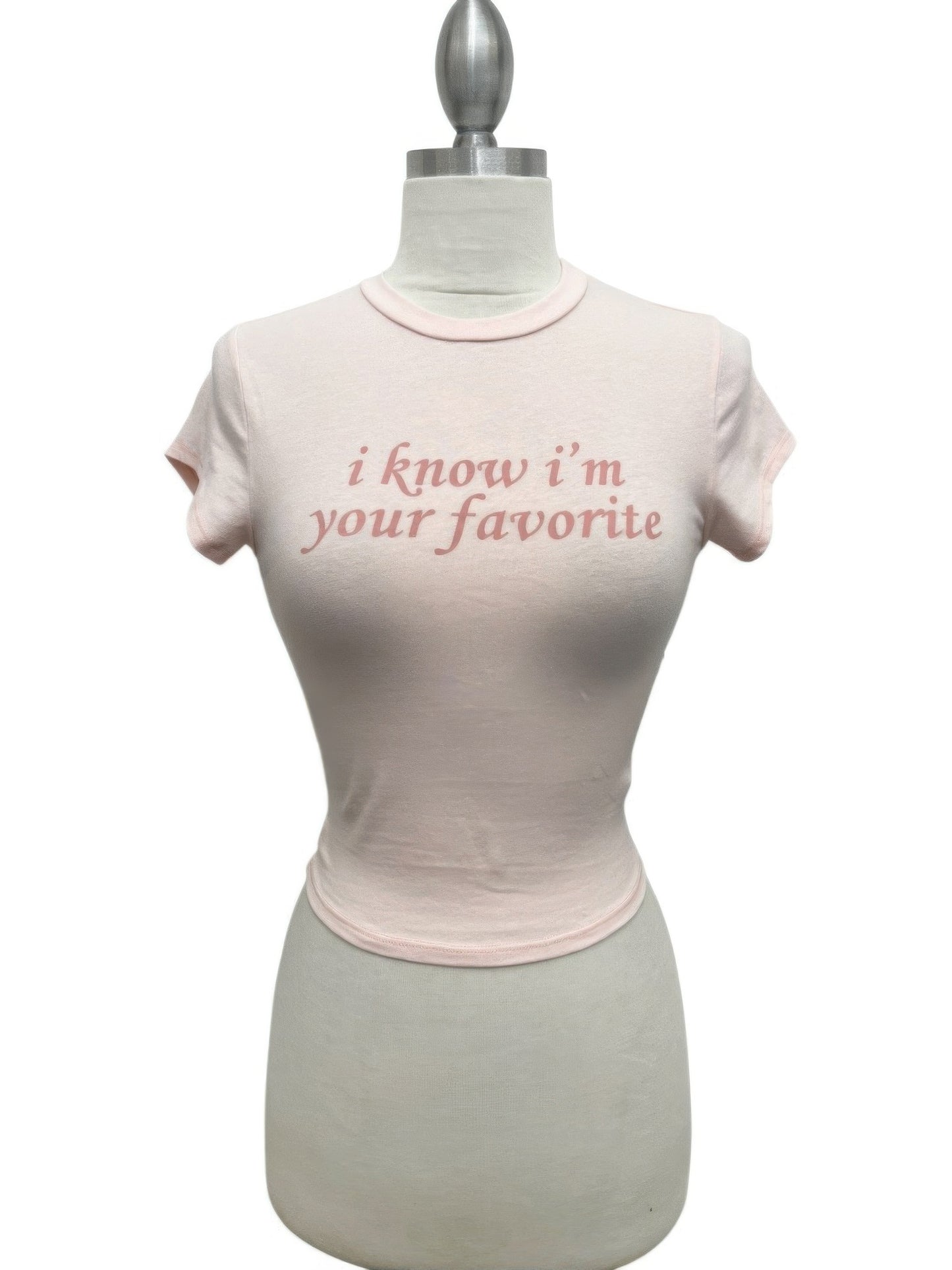 Alt Tag: Your Favorite Baby Tee fitted cropped baby tee with pink trim and "i know i'm your favorite" graphic print on mannequin