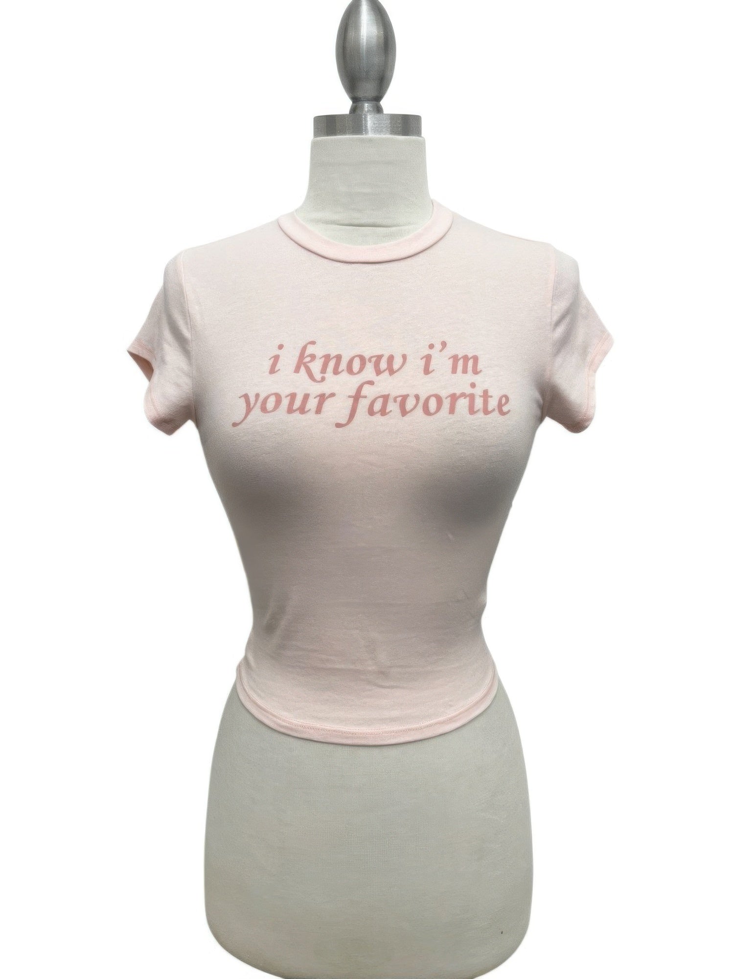 Alt Tag: Your Favorite Baby Tee fitted cropped baby tee with pink trim and "i know i'm your favorite" graphic print on mannequin