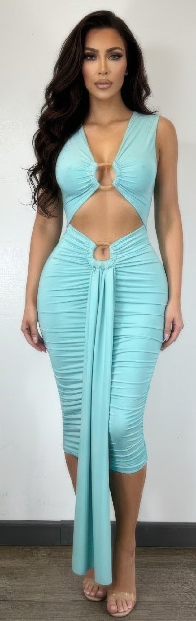 Alt Tag: Cutout Halter Bodycon Midi Dress in aqua stretch jersey, ruched midi silhouette with cutout front and ring detail