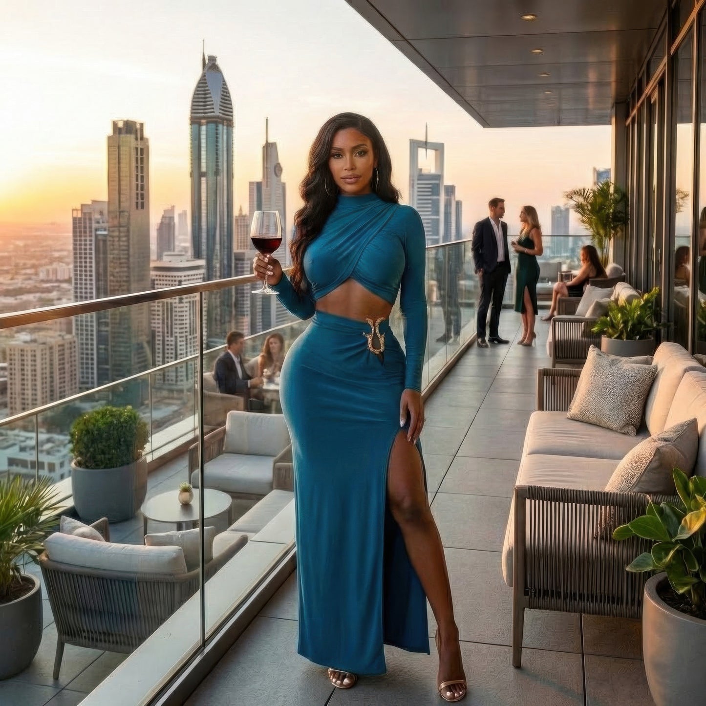 Alt Tag: High Slit Maxi Skirt Set teal wrap long sleeve top and maxi skirt with high side slit, rooftop balcony city skyline