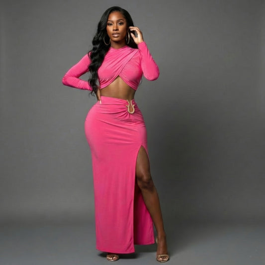 High Slit Maxi Skirt Set in pink featuring long sleeve crossover wrap crop top and high side slit maxi skirt