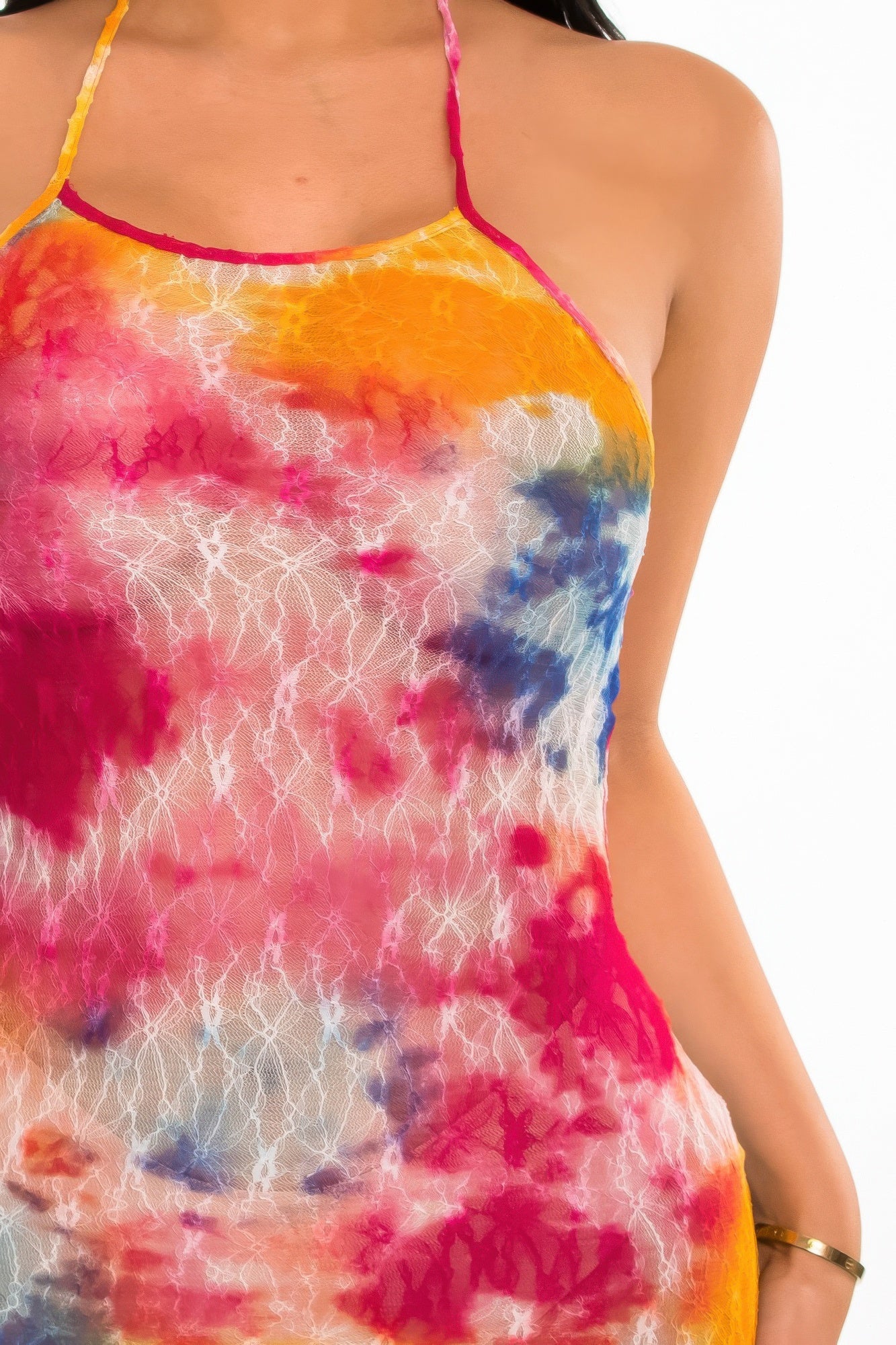 Multi Color Lace Mini Cover Up Dress featuring vibrant colors and intricate lace detailing.