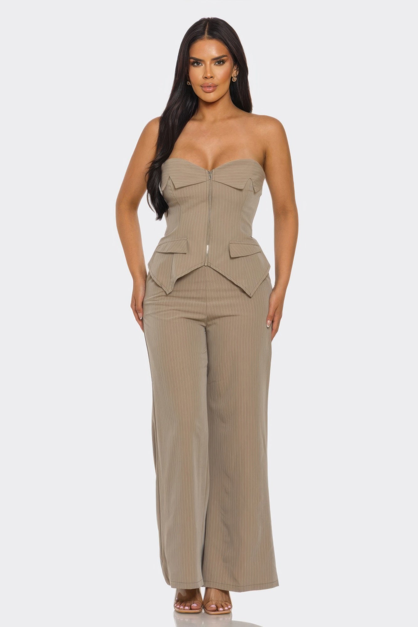 Strapless Power Structure Set featuring a corset-style top and wide-leg trousers for a bold fashion statement.