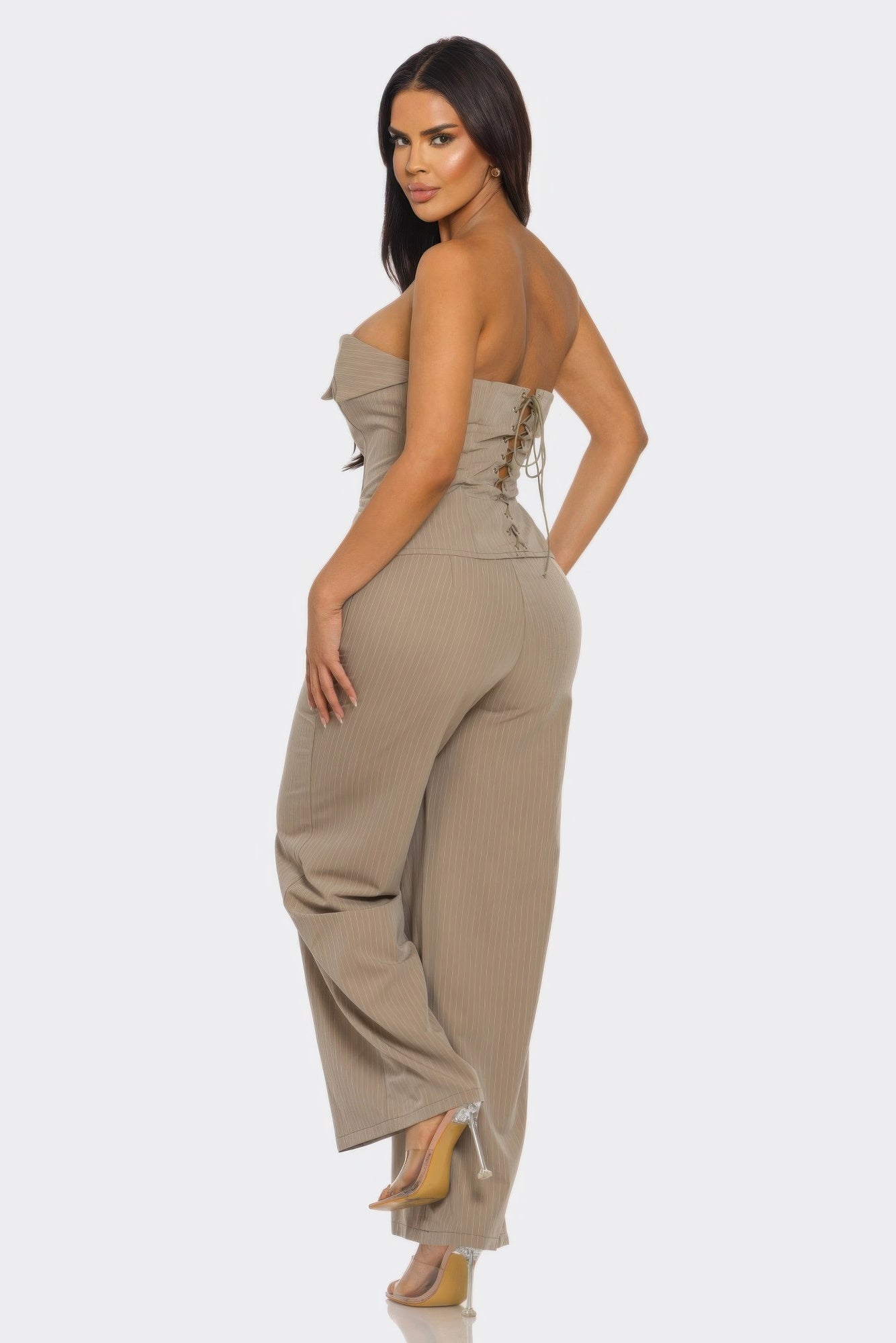 Strapless Power Structure Set showcasing a model in a stylish two-piece ensemble with a corset top and wide-leg trousers.