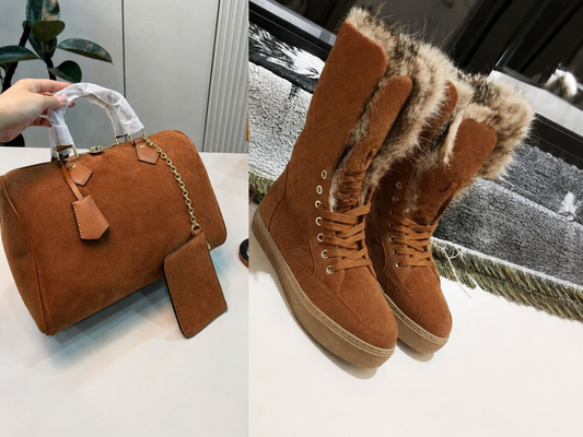 Suede winter fashion set featuring fur-lined boots and a matching handbag in luxurious style.