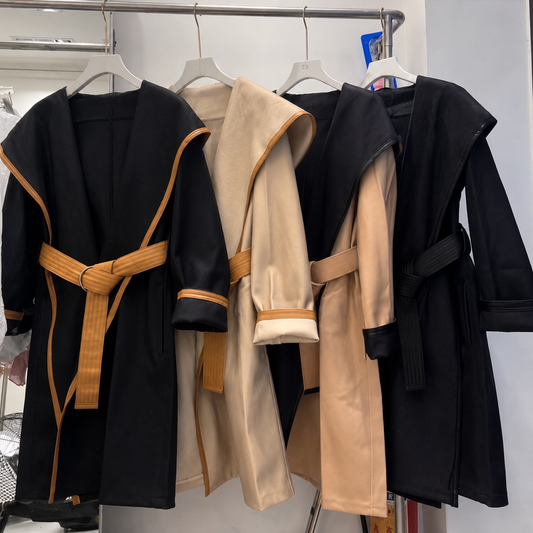 Luxury Belted Trench Coat collection featuring styles in black and cream hues, showcasing adjustable waist belts.