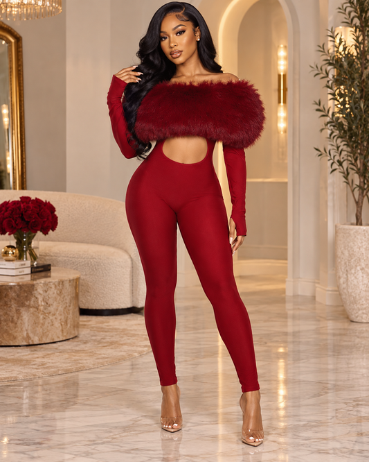 Center Stage Feather-Trim Cutout Bodycon Jumpsuit