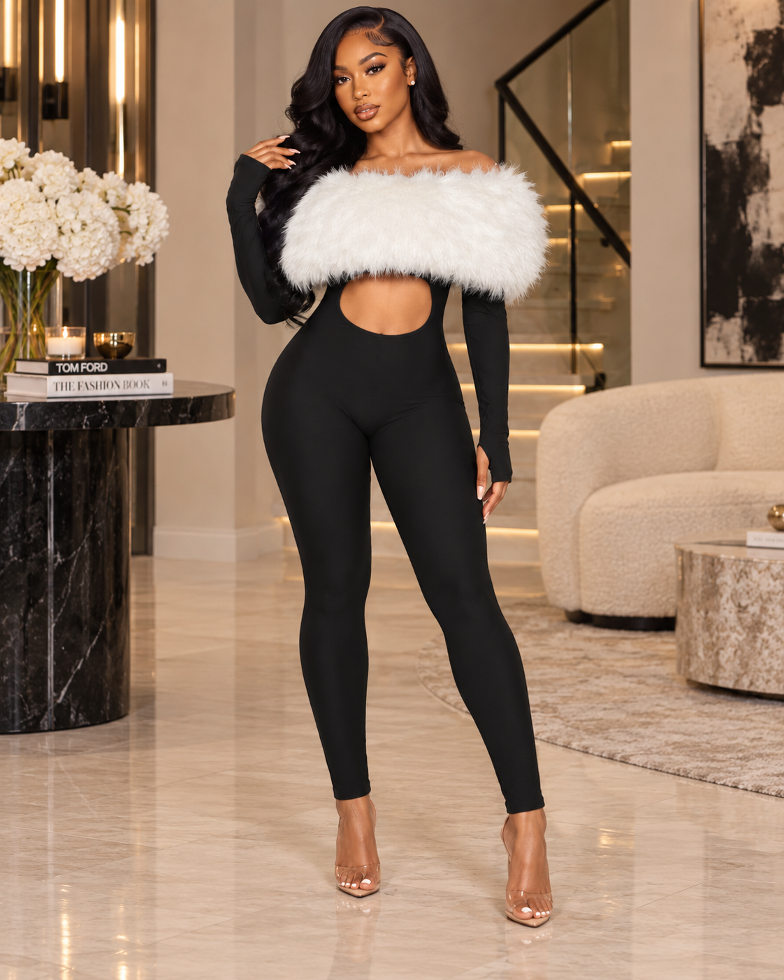Center Stage Feather-Trim Cutout Bodycon Jumpsuit