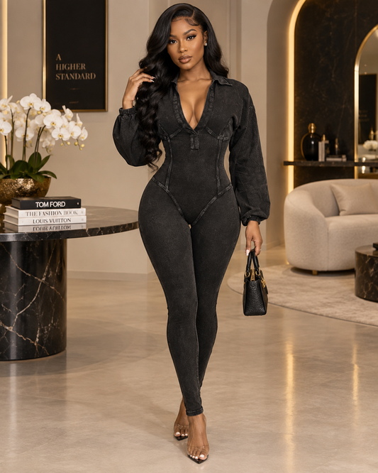 Street Pressure Distressed-Wash Zip-Front Sculpted Jumpsuit