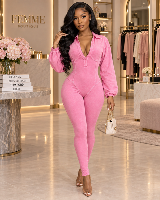 Street Pressure Distressed-Wash Zip-Front Sculpted Jumpsuit