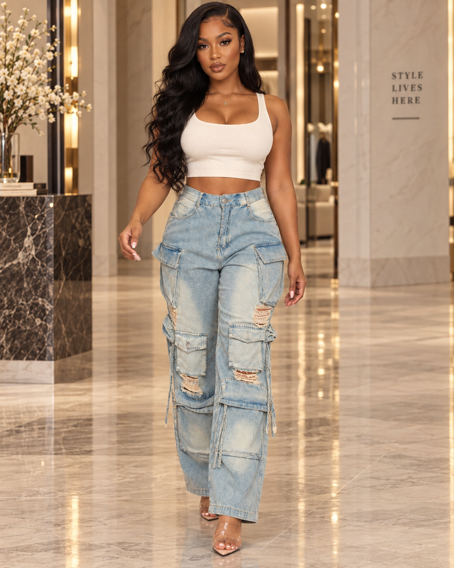 Distressed Multi-Pocket Straight-Leg Cargo Jeans