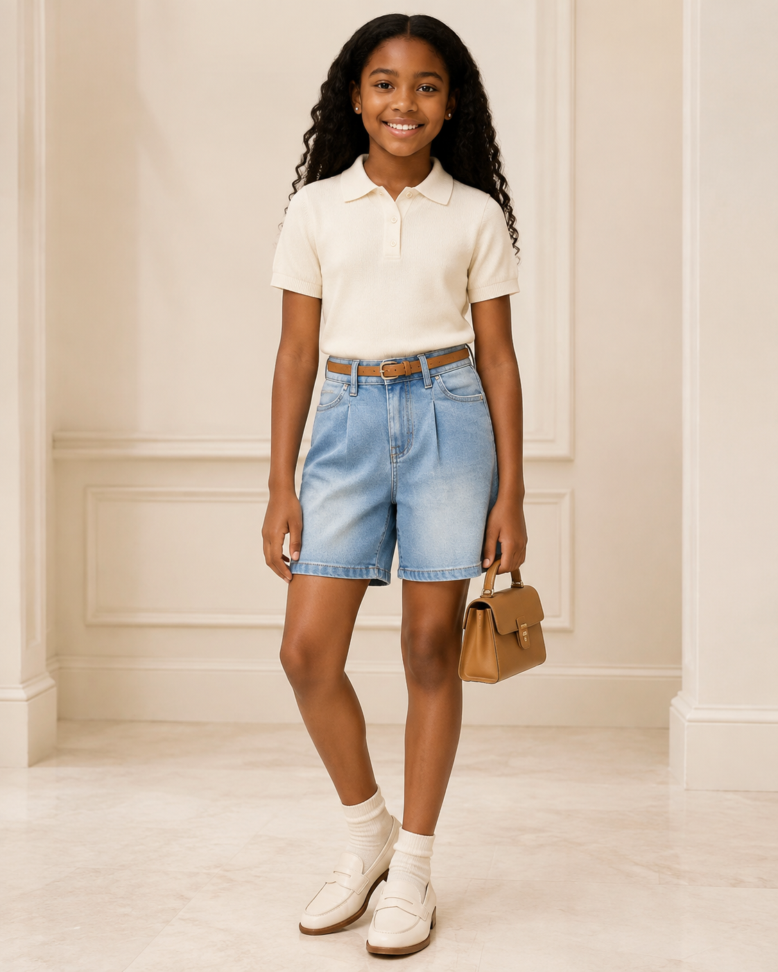 Girls Front-Pleat Stretch Denim Jorts