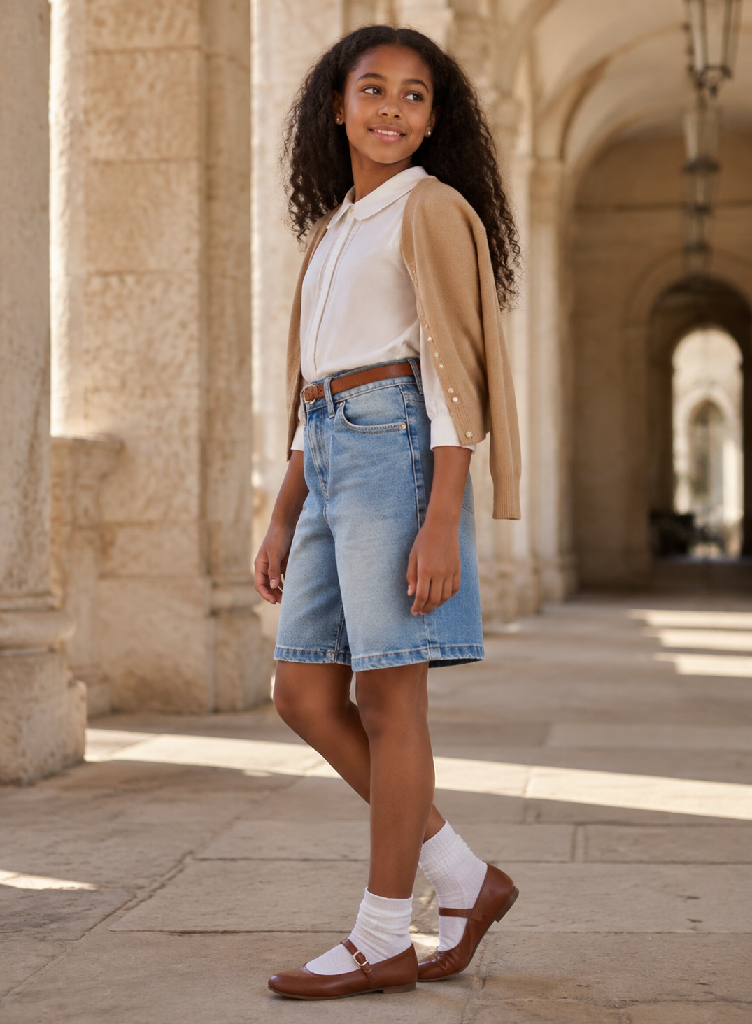 Girls Front-Pleat Stretch Denim Jorts
