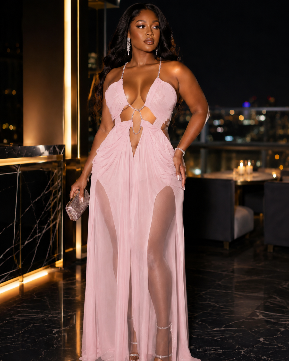 Rhinestone Halter Cutout Mesh Maxi Dress - Rose in Concrete