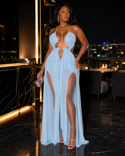 Rhinestone Halter Cutout Mesh Maxi Dress, product view 4 - Rose in Concrete