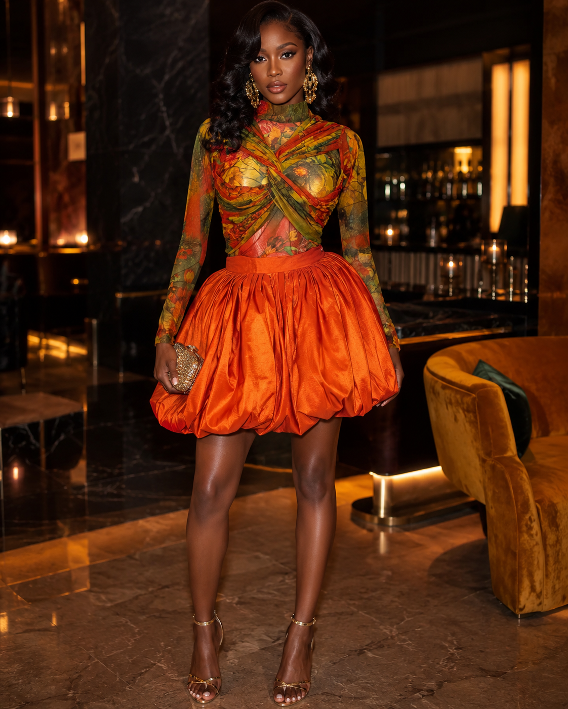 Floral crop top and bubble mini skirt set featuring a vibrant twist-front crop top and voluminous orange mini skirt.