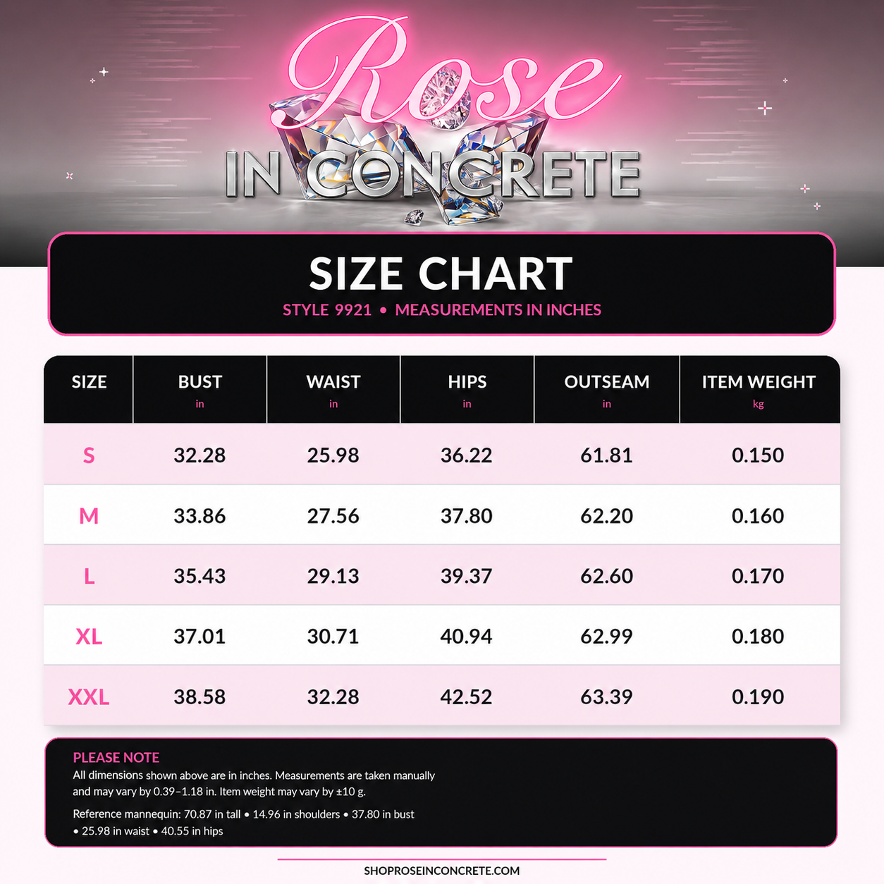 Size chart for sheer polka dot wide-leg jumpsuit with measurements for different sizes.