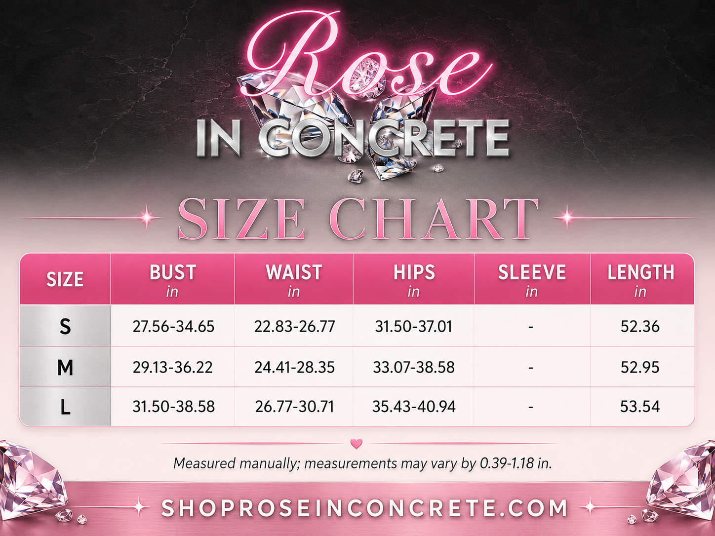 Size chart for women's clothing showing bust, waist, hips, sleeve, and length measurements.