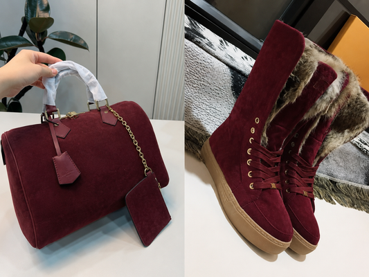 Suede winter fashion set featuring a burgundy handbag and fur-lined boots, perfect for stylish cold-weather outfits.