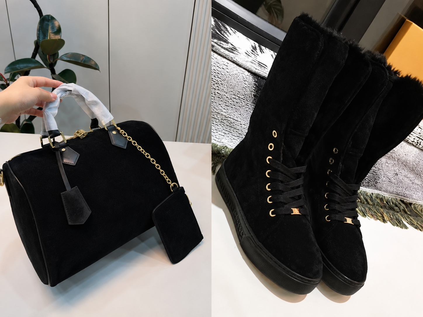 Suede winter fashion set featuring a stylish handbag and fur-lined boots in black.