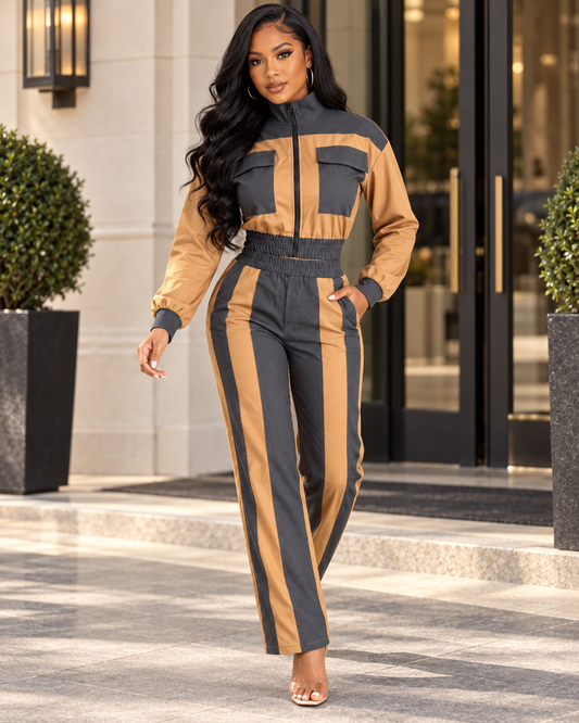 Concrete Safari Patchwork Cropped Jacket & Wide Leg Pants Set