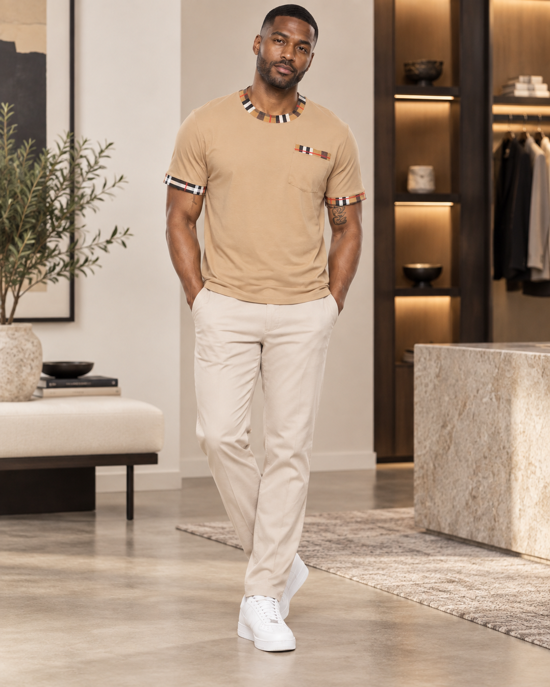 Heritage Check-Trim Men’s Cotton-Blend Pocket T-Shirt
