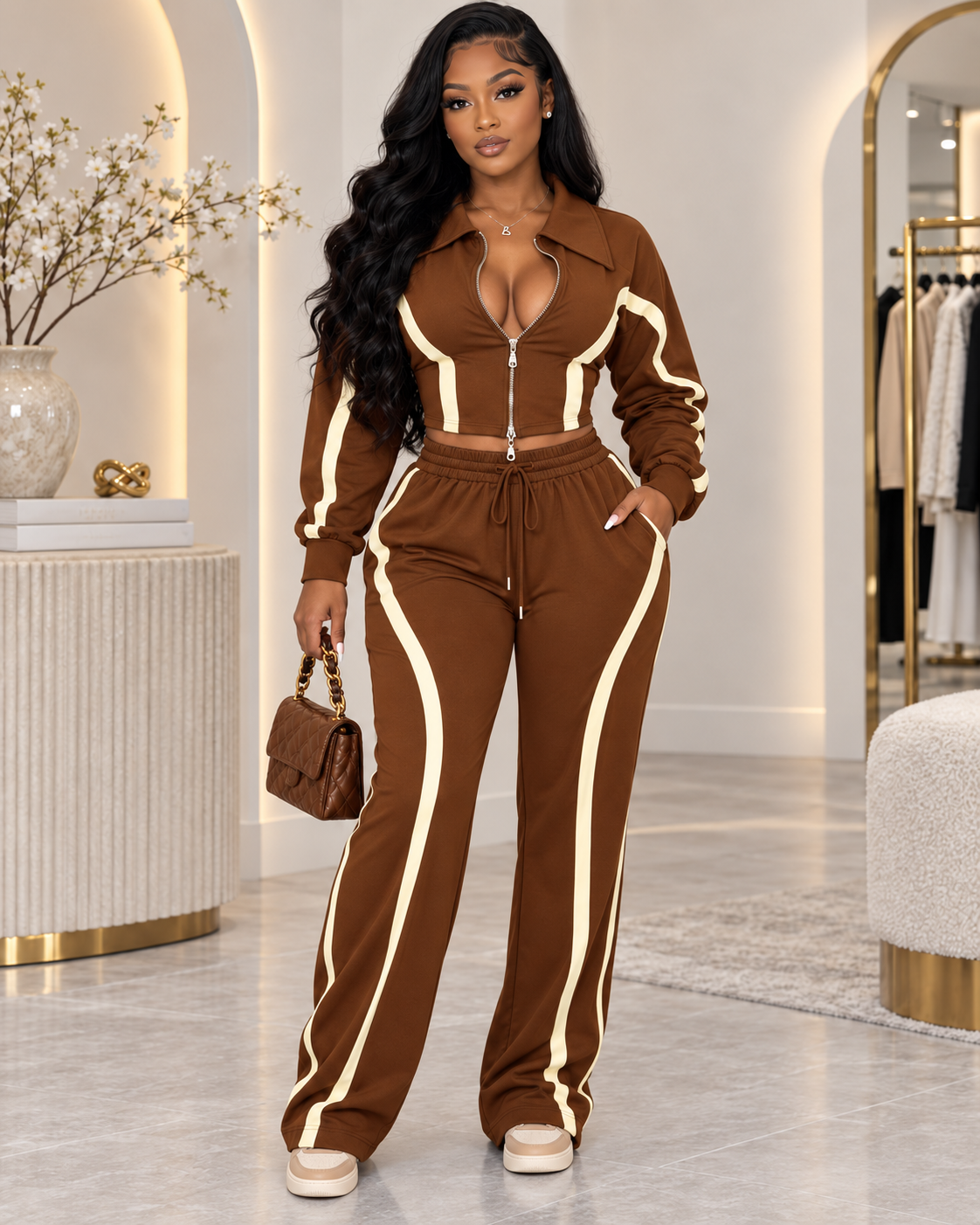 Contour Line Women’s Zip-Up Crop Jacket & Pants Set