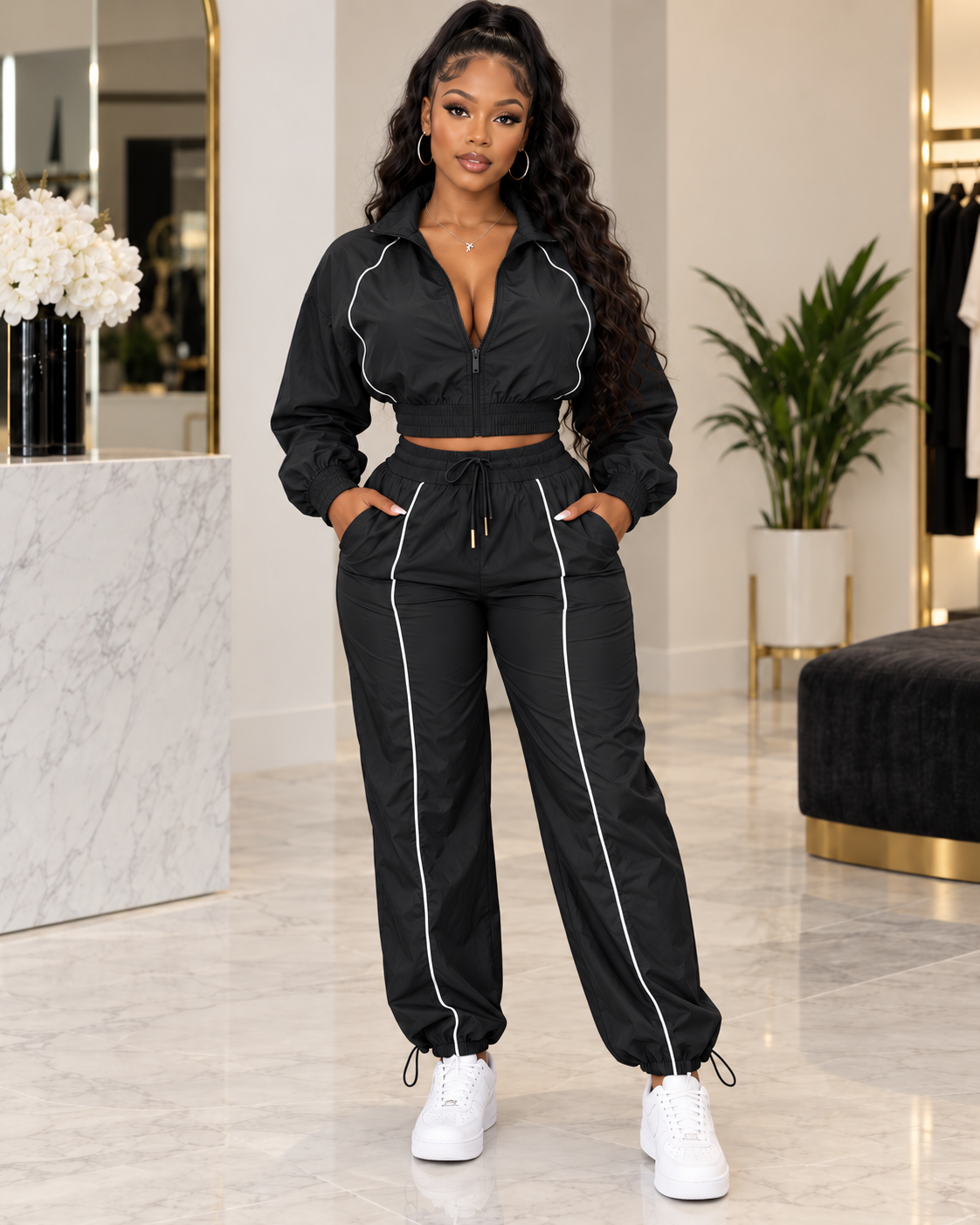 City Motion Puff-Sleeve Zip Jacket & High-Waist Pants Set