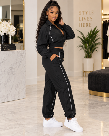 City Motion Puff-Sleeve Zip Jacket & High-Waist Pants Set