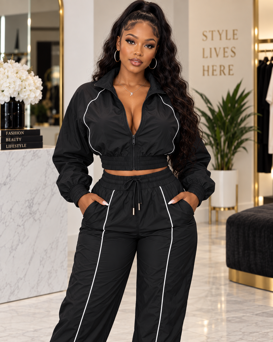 City Motion Puff-Sleeve Zip Jacket & High-Waist Pants Set
