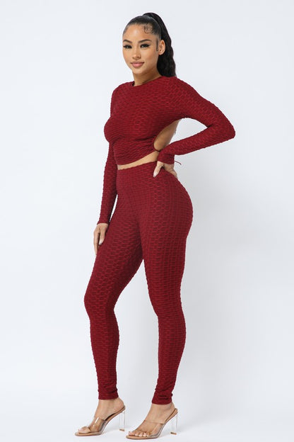 Honeycomb Open Back Leggings Set – Textured 2 Piece Outfit - Rose In Concrete 🥀