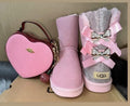 Glitter Bow Winter Boot and Heart Purse Set featuring pink fur-lined boots and heart-shaped purse for kids' fashion.