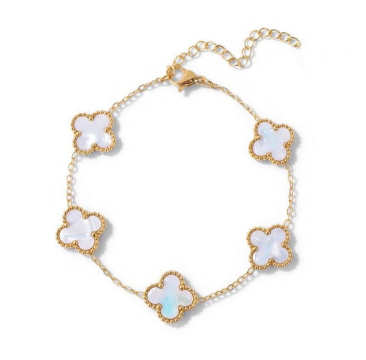14K gold plated clover bracelet featuring mother of pearl charms, elegant and adjustable for a polished look.