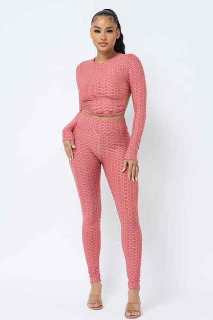 Honeycomb Open Back Leggings Set – Textured 2 Piece Outfit - Rose In Concrete 🥀