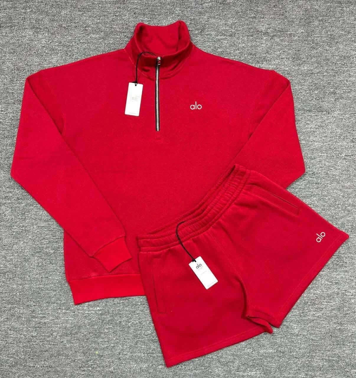 Quarter Zip Pullover & Shorts Premium Lounge Set Soft Fleece Athleisure Outfit in red fleece