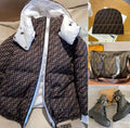 All-Season Monogram Fashion Set featuring coat, matching beanie, tote bag, and boots in stylish monogram print.