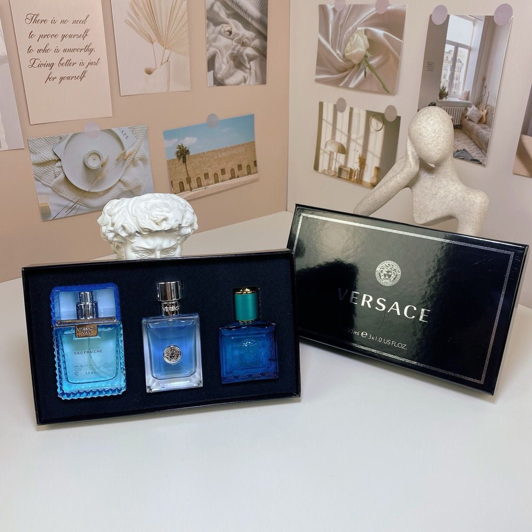 Luxury mini perfume gift sets featuring Versace fragrances in elegant packaging.