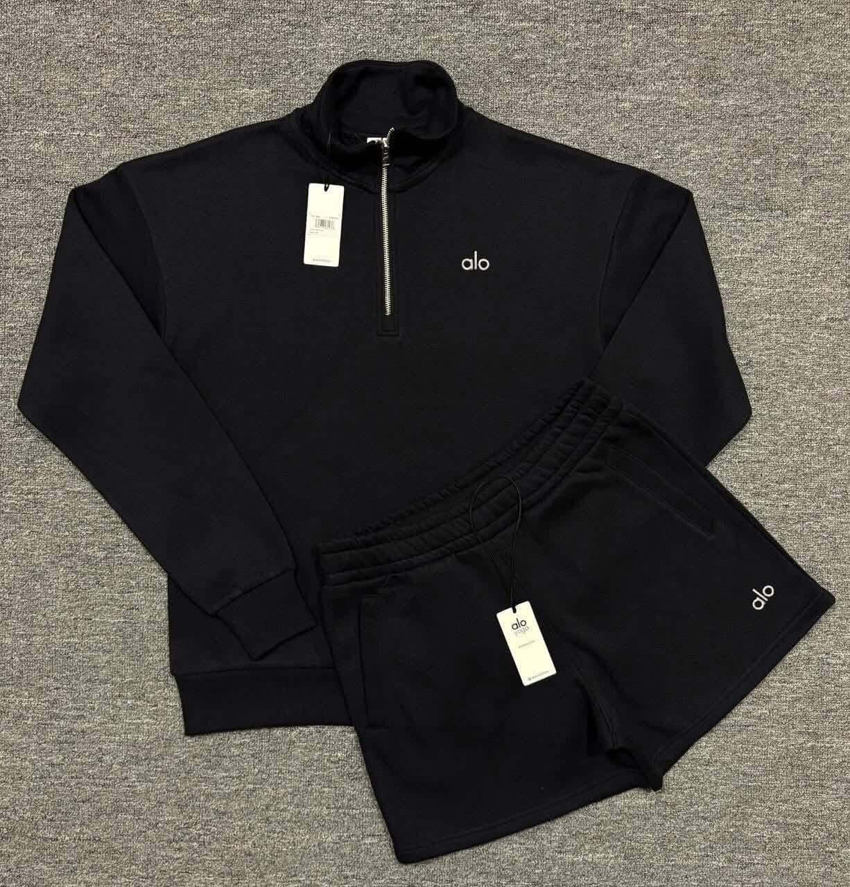 Quarter Zip Pullover & Shorts Premium Lounge Set Soft Fleece Athleisure Outfit in black, flat lay