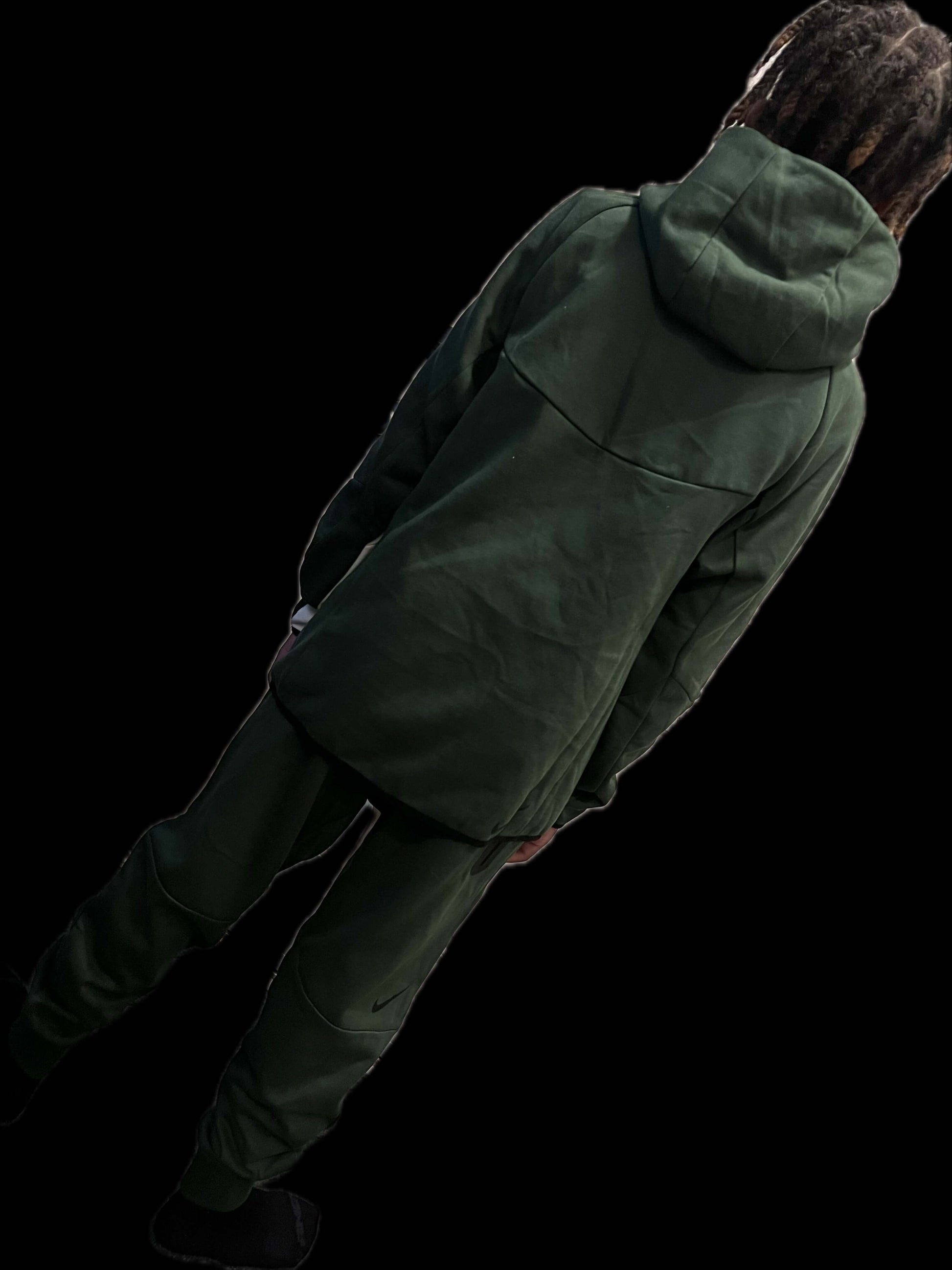 Men’s Tech Lightweight Fleece Sweatsuit, Hoodie Jogger Set, Street Luxe Tracksuit in dark green, back view zip hoodie and tapered joggers