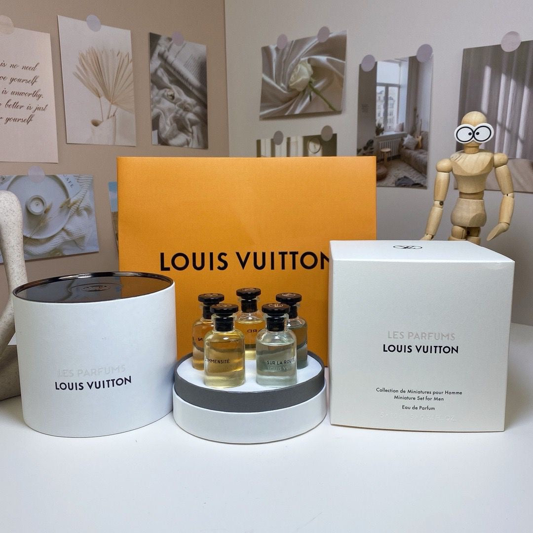 Luxury mini perfume gift sets featuring Louis Vuitton fragrances in elegant packaging.