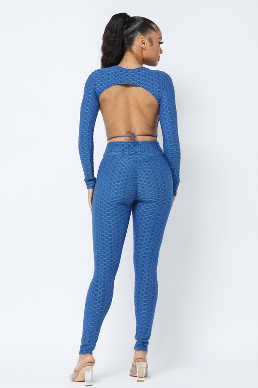 Honeycomb Open Back Leggings Set – Textured 2 Piece Outfit - Rose In Concrete 🥀