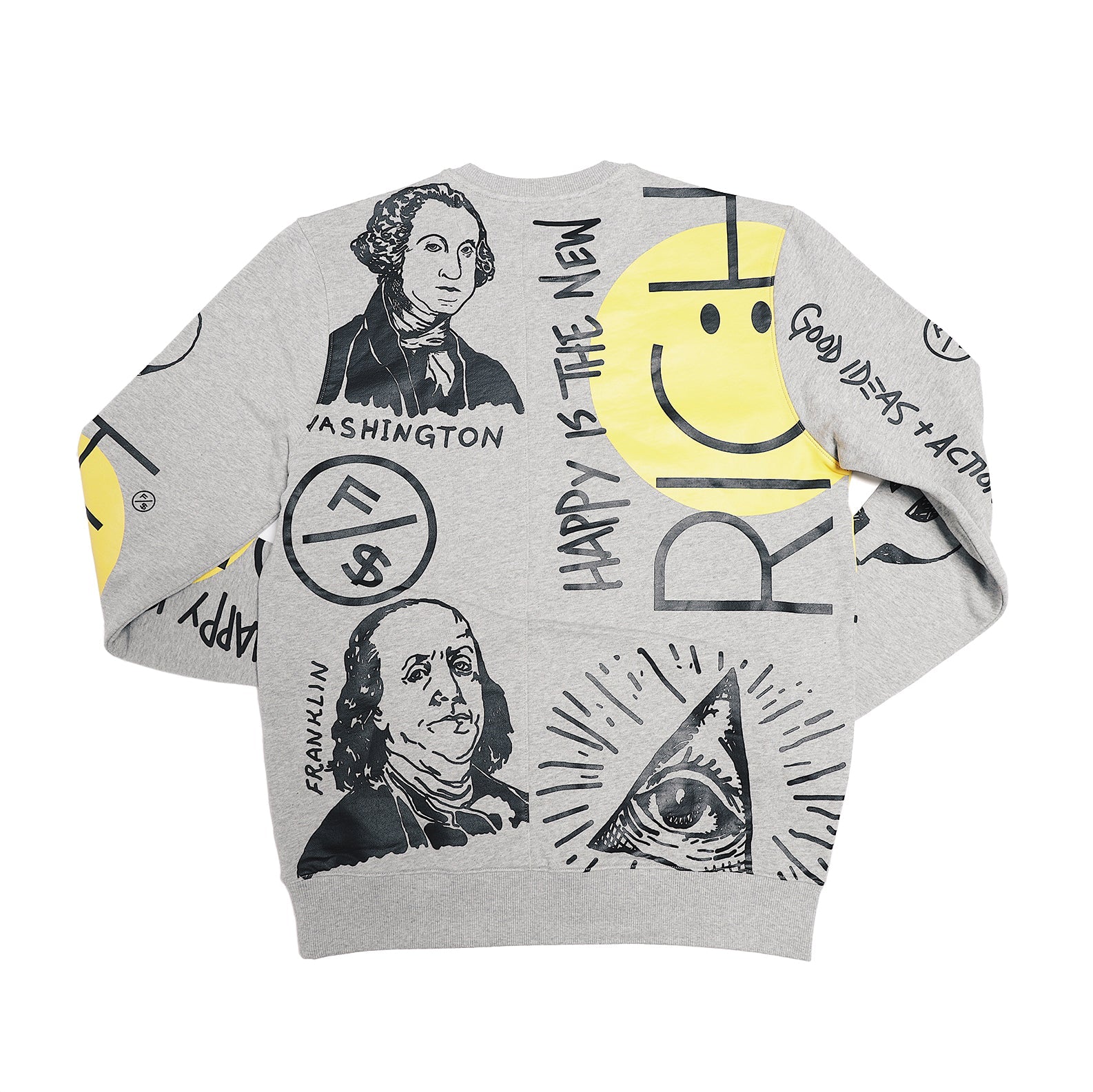 Graphic statement sweater featuring bold streetwear prints and artistic visuals on a gray crewneck.