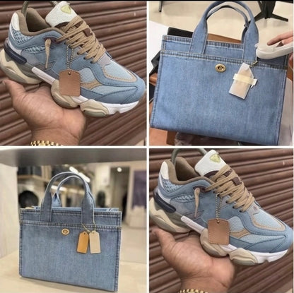 denim 2-piece set with sneakers and tote featuring structured denim bag and layered sneakers